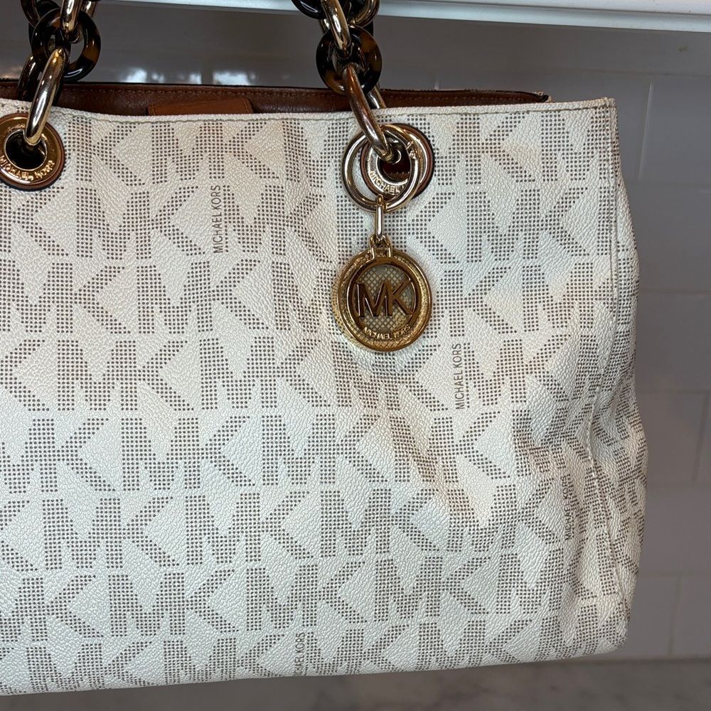 Michael Kors Bag Purse Handbag Cynthia Vanilla PVC Medium Signature Logo Satchel - Picture 3 of 16
